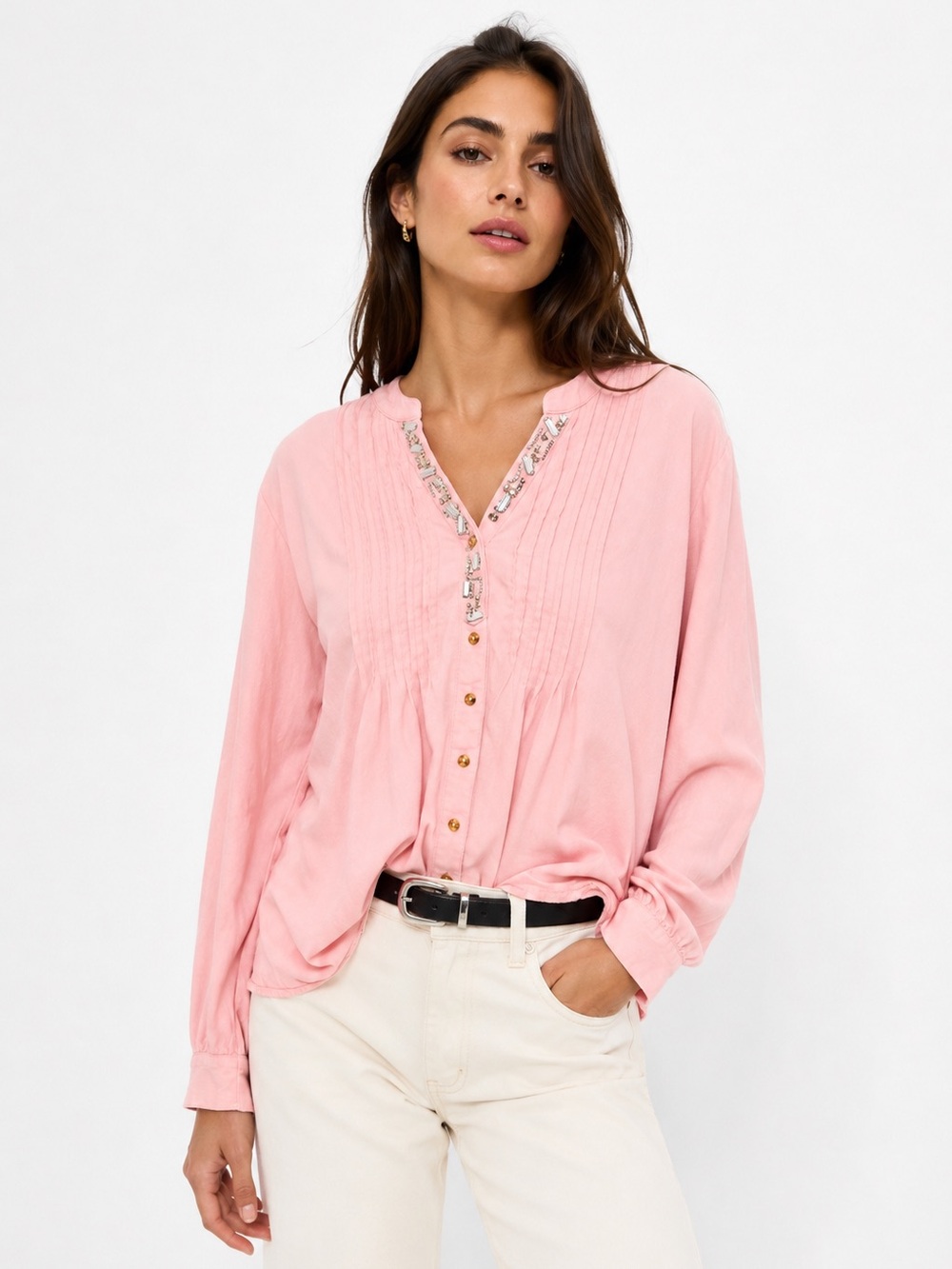 Roaman’s Pink Embellished Boho Blouse Plus Size 28W Long Sleeve Tunic